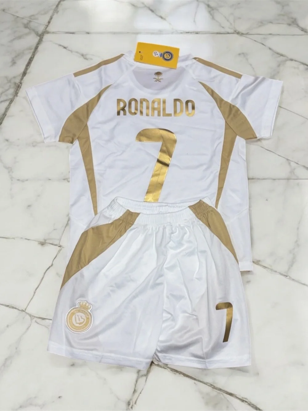 Cristiano Ronaldo #7 Al Nassr Kids White Gold Soccer Jersey Set XS-L-XL